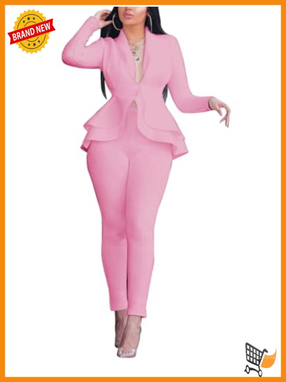 Women's 2pc Ruffle Blazer & Pants Set Long Sleeve Bodycon Business Suit